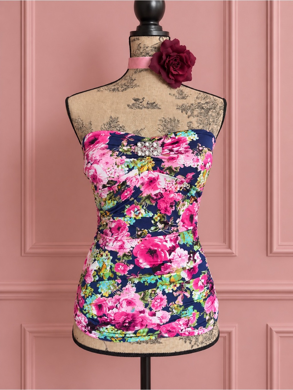 Y2K Limité Strapless Floral Top Rhinestone Detail Size M